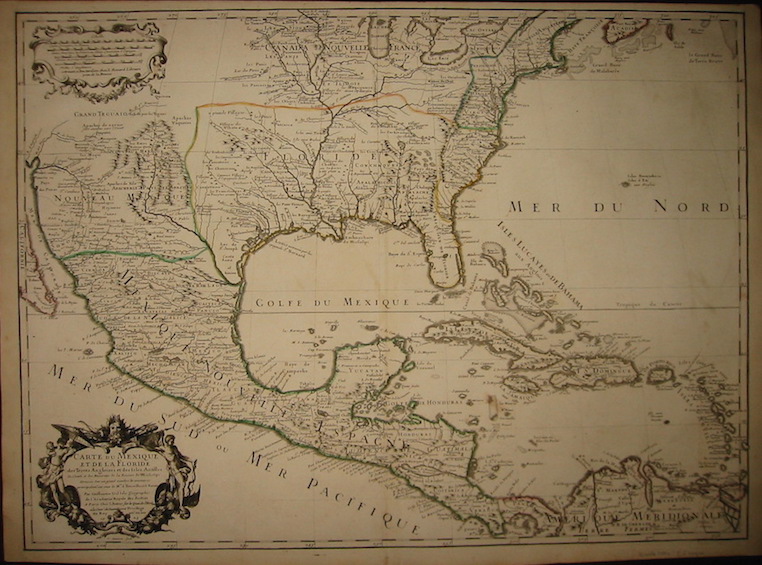 De l'Isle Guillaume (1675-1726) Carte du Mexique et de la Floride, des Terres Angloises et des Isles Antilles, du Cours et des Environs de la Riviere de Mississipi... 1703 Parigi